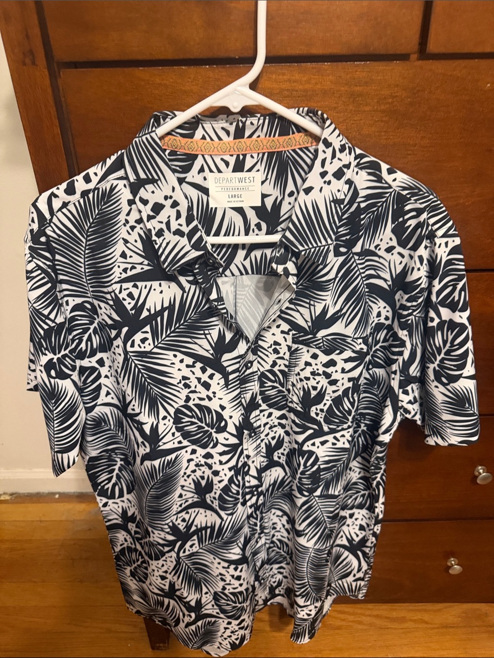 Departwest Tropical Leaf Performance Button-Up Shirt in Black and White
